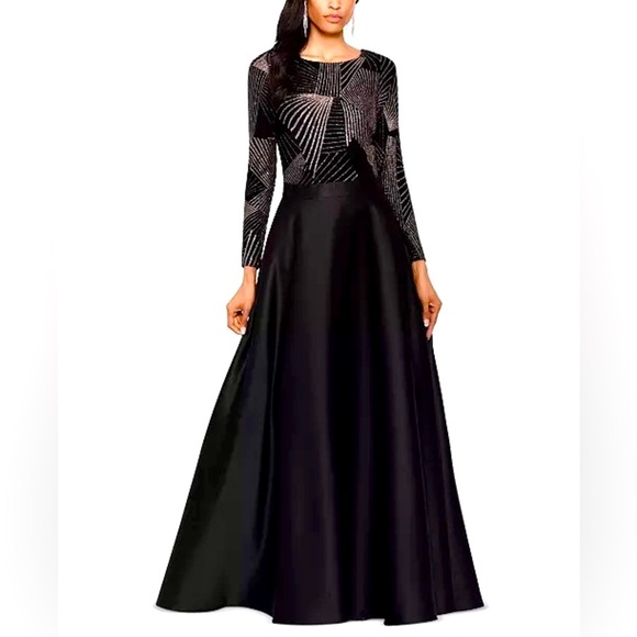 Betsy & Adam Black & Gold Long Sleeve Glitter Gianni Maxi Gown w/ Pockets Size 4 - Picture 6 of 16